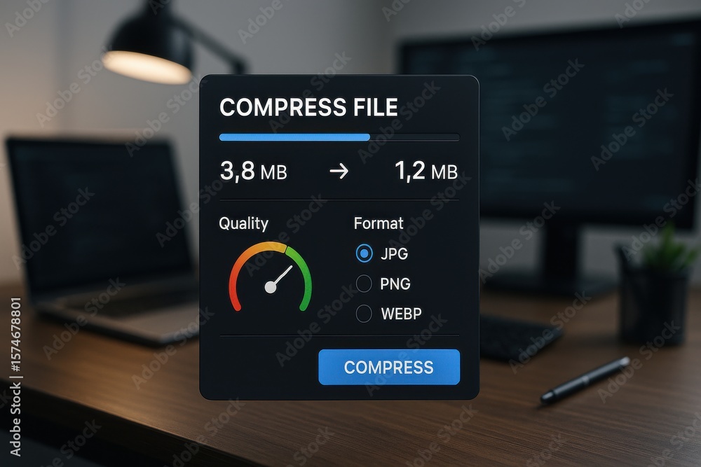 Aufkleber digital file compression interface showing size reduction, quality meter, and format options on dark