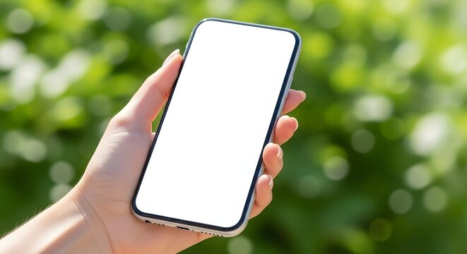 Close-up of a person holding a phone with a blank white screen outdoors.