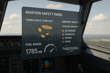 Aviation Safety Dashboard Showing Turbulence Forecast, Aircraft System Health, and Fuel Range in Aircraft Cockpit
