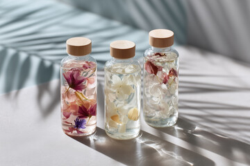 Floating herbal infusion bottles with flower petals create serene and delicate atmosphere, enhanced by soft natural light and gentle shadows on smooth surface