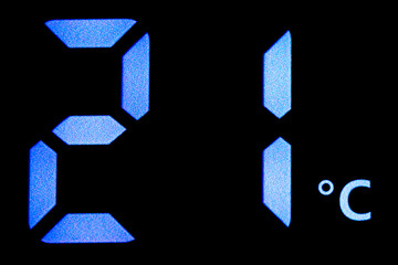 Twenty one degrees Celsius on a digital thermometer close-up