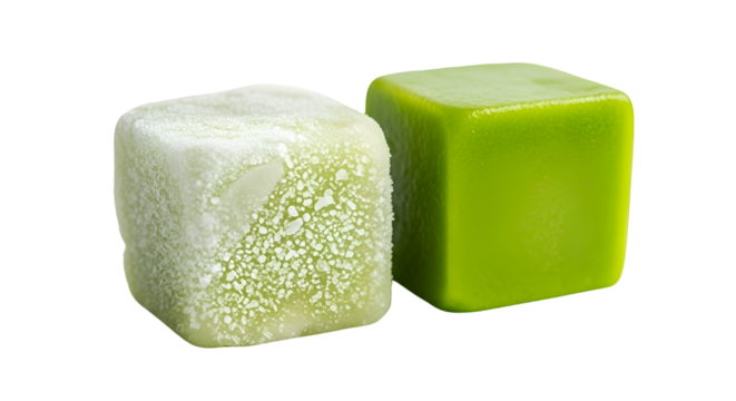 Two Cubes Displayed on Transparent Background, One Frosted, One Smooth, Green Tones Present
