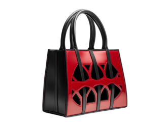 A sophisticated red and black handbag with leather accents, featuring an elegant design with contrasting colors.