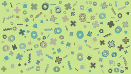Light green background with scattered pluses circles and squares. Abstract vector background for presentation, banner, creative poster design.