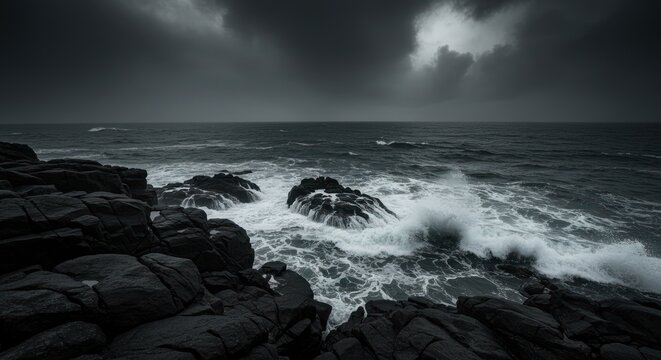 Stormy seascape showcasing turbulent waves crashing against rugged dark rocks under dramatic skies - Powered by Adobe