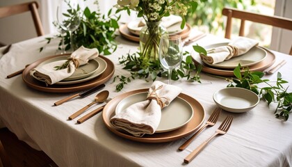 Fototapeta premium Zero Waste Dining Concept. Elegant dining table set with natural decor and succulent plants.
