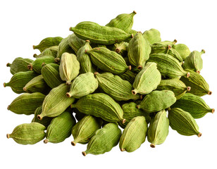 Group of Whole Cardamom Pods in Natural Pile, isolated on a transparent background