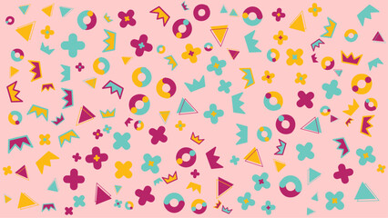 Pink background shows a playful pattern of colorful shapes. Abstract vector background for presentation, banner, creative poster design.