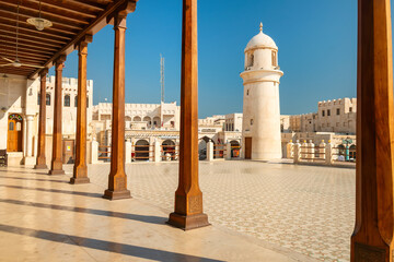 View of minaret of the Souq Waqif Mosque in Souq Waqif Bazaar area, at daytime, Doha, Qatar