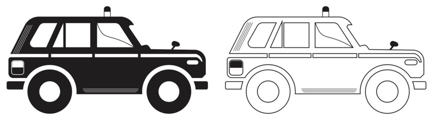 Police SUV Car Black and White Silhouette Vector.