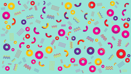Vibrant 80s style geometric pattern of circles and zigzags. Abstract vector background for presentation, banner, creative poster design.