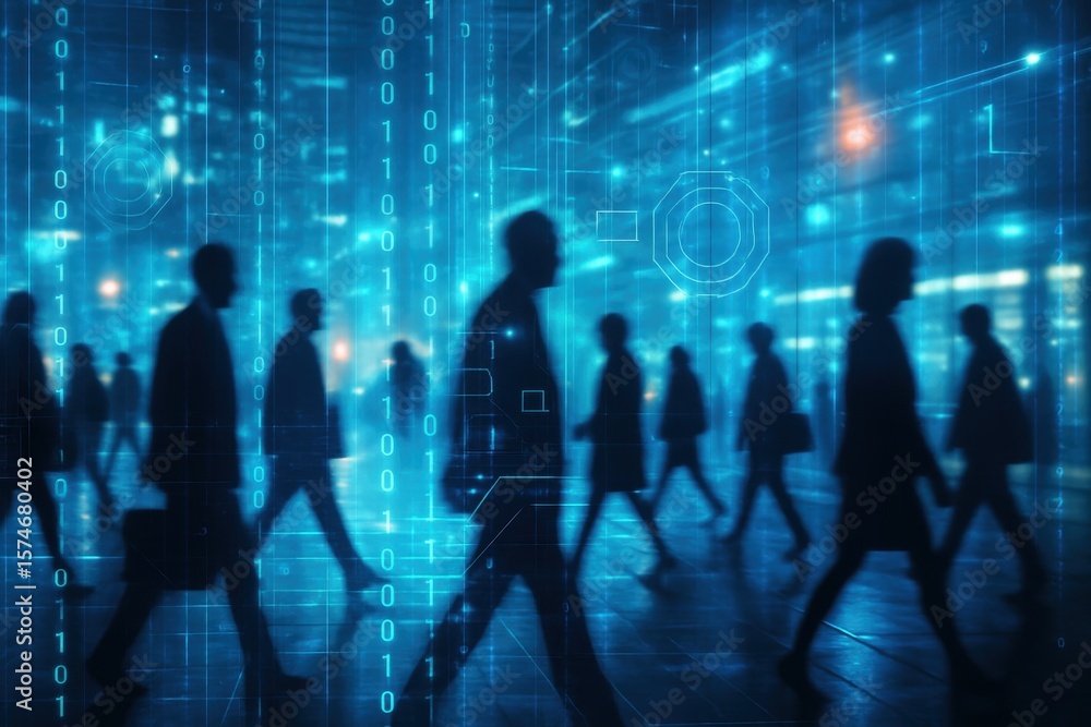 Fototapete digital pathways: silhouetted figures traverse a modern cityscape infused with digital streams of bi