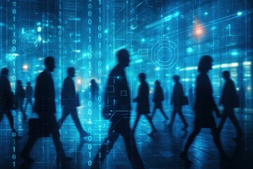 Digital Pathways: Silhouetted figures traverse a modern cityscape infused with digital streams of binary code, signifying connectivity and technological advancement.