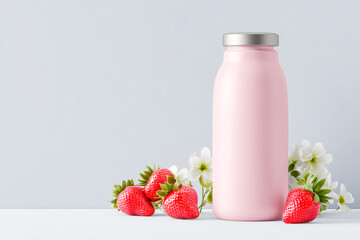 Pink bottle of strawberry milk with fresh strawberries and leaves on a white background.
