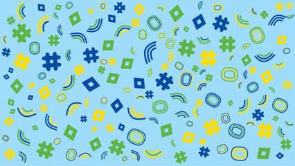 Light blue image shows colorful abstract shapes and hashtag symbols. Abstract vector background for presentation, banner, creative poster design.