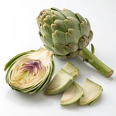 Obraz premium A single fresh artichoke with several thin slices fanned out