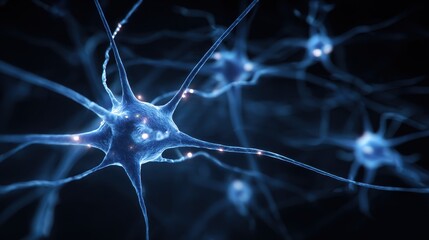 High quality photo of abstract image of glowing blue neurons network, representing neural connections, brain activity, or complex systems, ideal for science or technology backgrounds.