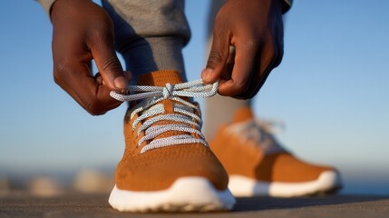 Close-up of african adult tying athletic shoe laces outdoors.