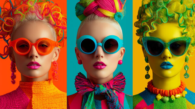 Three fashion models in vibrant outfits and oversized colorful sunglasses against bold backgrounds.