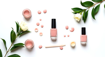 Pink nail polish bottles and cream jars with flowers