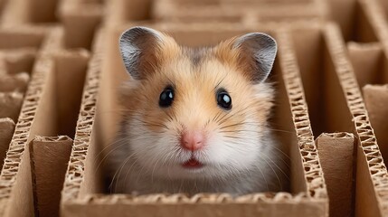 Hamster in a cardboard maze with curious eyes and fluffy fur exploring its miniature cardboard world.