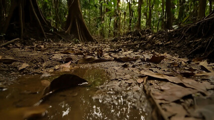 Forest floor streamlet: Fallen leaves, muddy water, tranquil jungle scene
