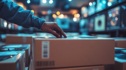 Hand Reaching for Vinyl Records in Vintage Music Store Background