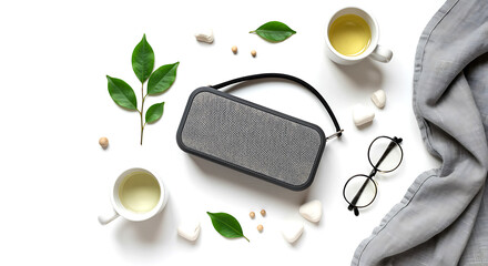 Portable speaker with tea and glasses audio device