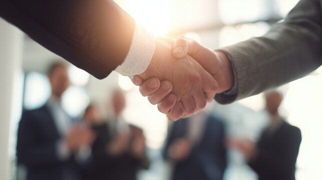 Handshake Between Businessmen with Team Clapping in Background