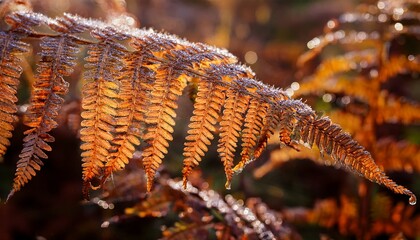 bracken of ferns in autumn with a rich brown colour and drops of water on the leaves