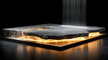Stone pedestal, illuminated from below, water cascading