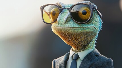 Chameleon suit and sunglasses, ready to blend in and protect, generative ai