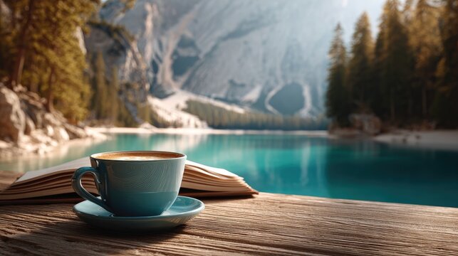 Lakeside serenity with a cup of coffee and an open book.
