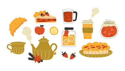 Cosy Autumn Drinks and Food Set with Tea Pies Spices Jam Fruits and Cinnamon in Flat Style Seasonal Illustration for Fall and Thanksgiving Design