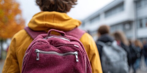 Students wearing backpacks outdoors with a wide open walkway in frame
