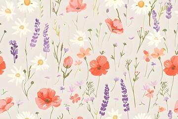 Fototapeta premium Seamless wildflower meadow pattern, daisies, poppies, lavender, small delicate flowers, natural soft colors, cottagecore aesthetic, hand-painted look, tileable texture