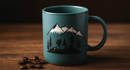 Teal mug with mountain hiker design coffee mug mountain design