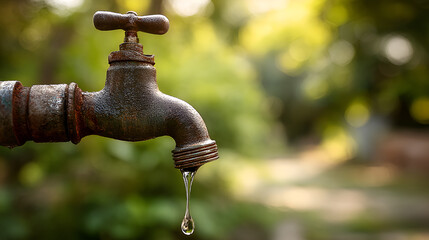 Leaking water from old rusty tap outdoors symbolizing water shortage