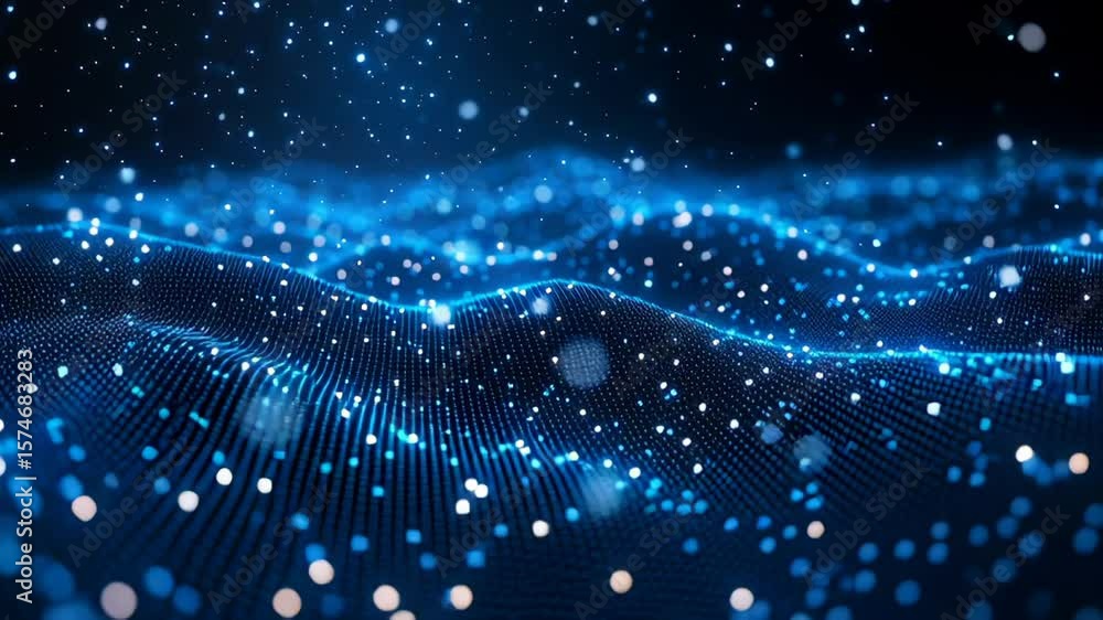 Poster dynamic blue waves illuminated by sparkling particles in a dark atmosphere
