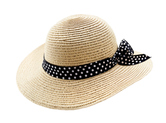 A straw hat with a polka dot ribbon on the brim, isolated on a white background. A wide-brimmed straw sun visor decorated with a black and beige polka dot pattern band around it,