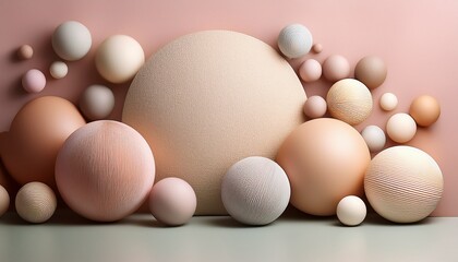 abstract arrangement of textured spheres and circles in soft pastel tones