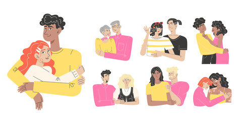 Flat Style Collection of Diverse Couples in Love, Interracial, LGBT, and Elderly Relationships