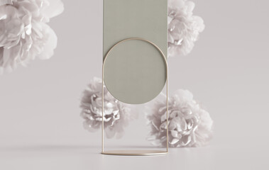 3D display podium pastel green flower background. Peony blossom falling down. Nature minimal pedestal for beauty, cosmetic product presentation. Valentine, feminine copy space template 3d render 