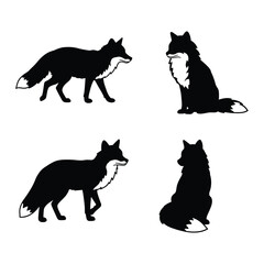 "Silhouette Set of Foxes in Different Poses – Wild Animal Vector Icons with Bushy Tails on White Background"