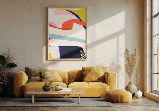Cozy living room features a yellow couch, wooden coffee table, and a blank frame on the wall. PSD template mockup