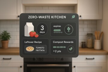 Zero-Waste Kitchen Interface Displaying Expiration Countdown, Leftover Recipe Suggestions, and Compost Rewards in Bright Kitchen

