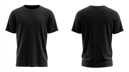 High quality photo of blank black tshirt front and back views isolated on white apparel mockup design.