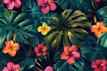 Seamless tropical floral pattern, vibrant hibiscus and plumeria flowers, bold monstera leaves, colorful jungle theme, exotic nature, tileable surface