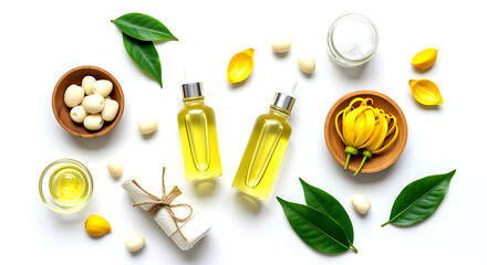 Yellow flower oil bottles and natural ingredients essential oil