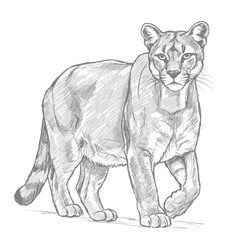 Florida Panther - Puma concolor coryi.  A powerful cougar sketch striding confidently, with detailed fur and muscular build. The drawing is set against a white background, ideal for wildlife and natur